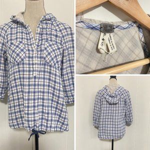 We the Free Blue & White Plaid Button Down Hoodie Drawstring Hem Size Small
